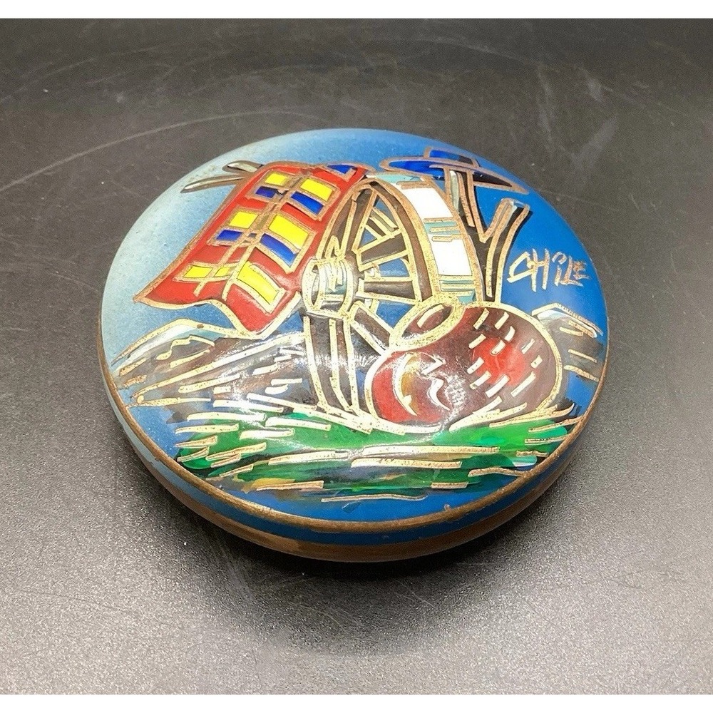 Copper Hand Painted Lidded Trinket Dish From Chile 3" Diameter Vtg Hand Crafted
